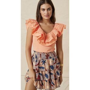 Anthropologie Sunday in Brooklyn‎ Eyelet Ruffled Top Orange XXS $78 NEW NWT